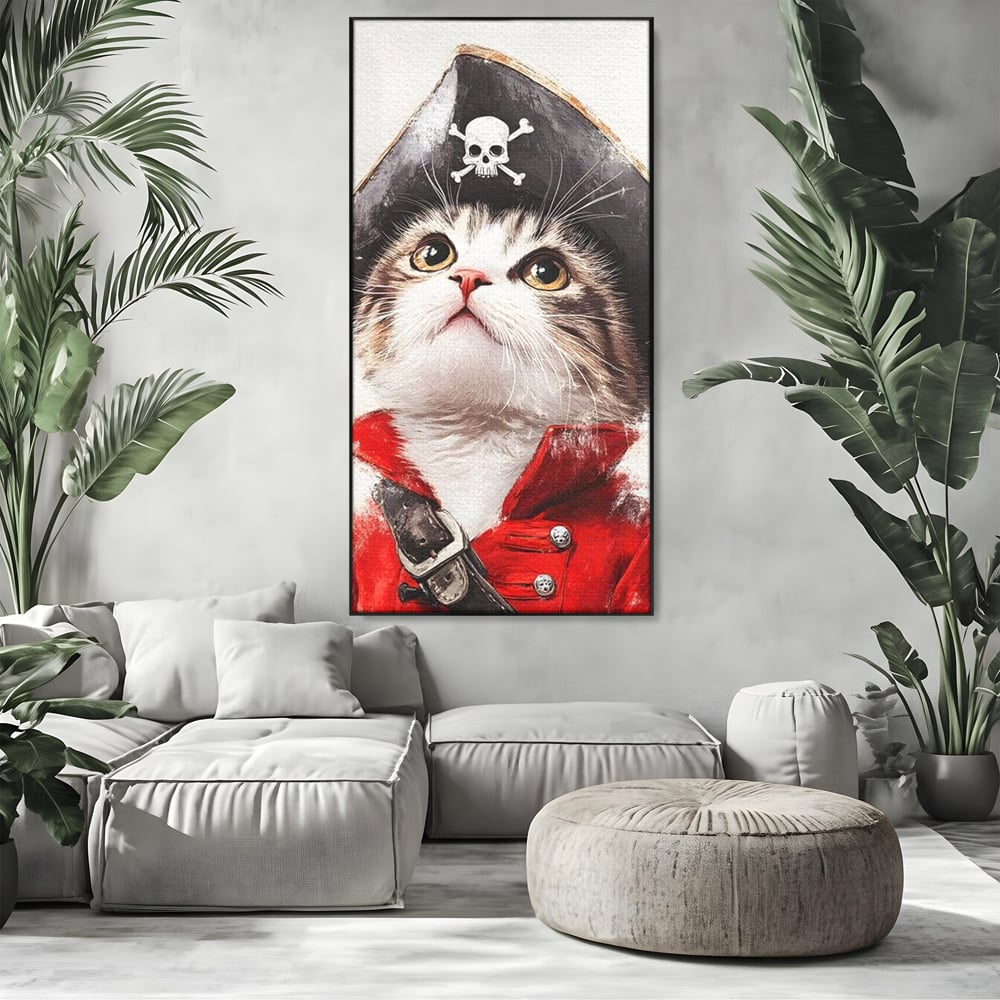 Tablou canvas cu tablou canvas cu motan pirat, in rama de aluminiu negru, pe perete intr-un living